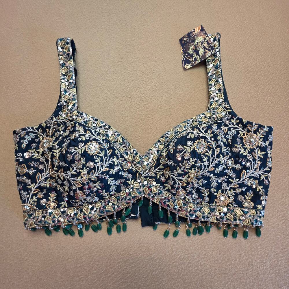 Lashkaraa Lehenga Bralette Choli Blouse Green Gold Embroidery Sz XS NWT